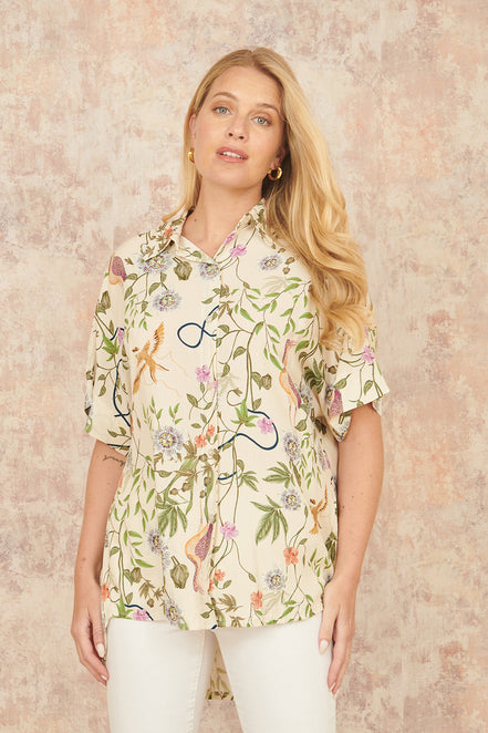 Yumi Beige Relaxed Fit Shirt with Botanical Print