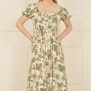 Yumi White Cotton Palm Print Ruched Midi Dress
