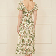 Yumi White Cotton Palm Print Ruched Midi Dress