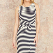 Yumi Navy Striped Jersey Ruched Midi Dress