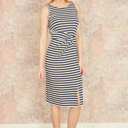 Yumi Navy Striped Jersey Ruched Midi Dress