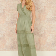 Yumi Green Viscose Lace Trim Wrap Maxi Dress