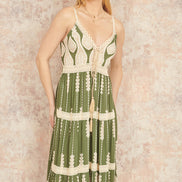 Yumi Green Viscose Paisley Print Lace Trim Midi Sun Dress