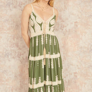 Yumi Green Viscose Paisley Print Lace Trim Midi Sun Dress