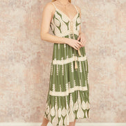 Yumi Green Viscose Paisley Print Lace Trim Midi Sun Dress