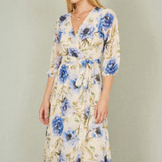 Yumi Cream Vintage Floral Wrap Midi Dress with Frill