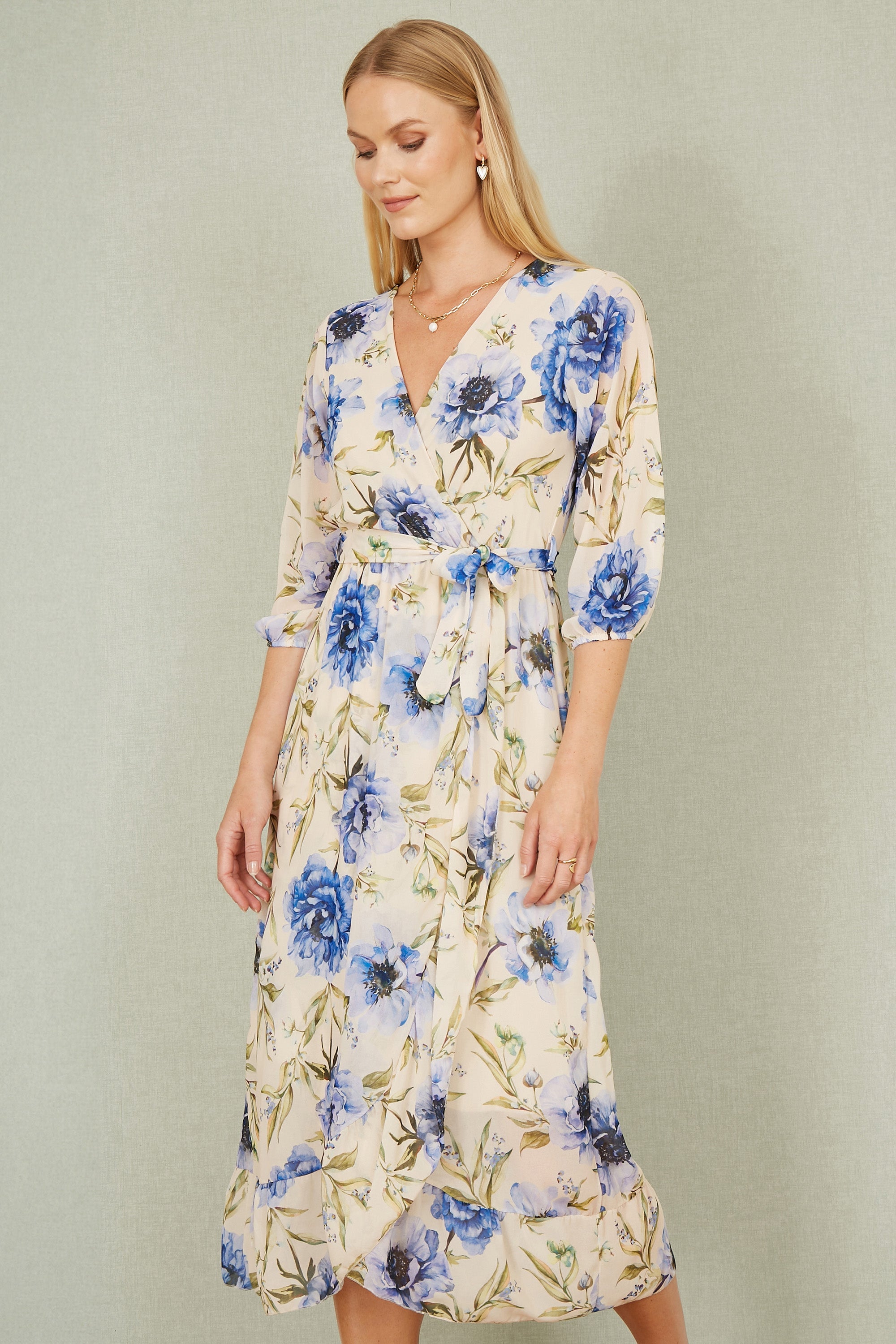 Yumi Cream Vintage Floral Wrap Midi Dress with Frill