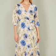 Yumi Cream Vintage Floral Wrap Midi Dress with Frill