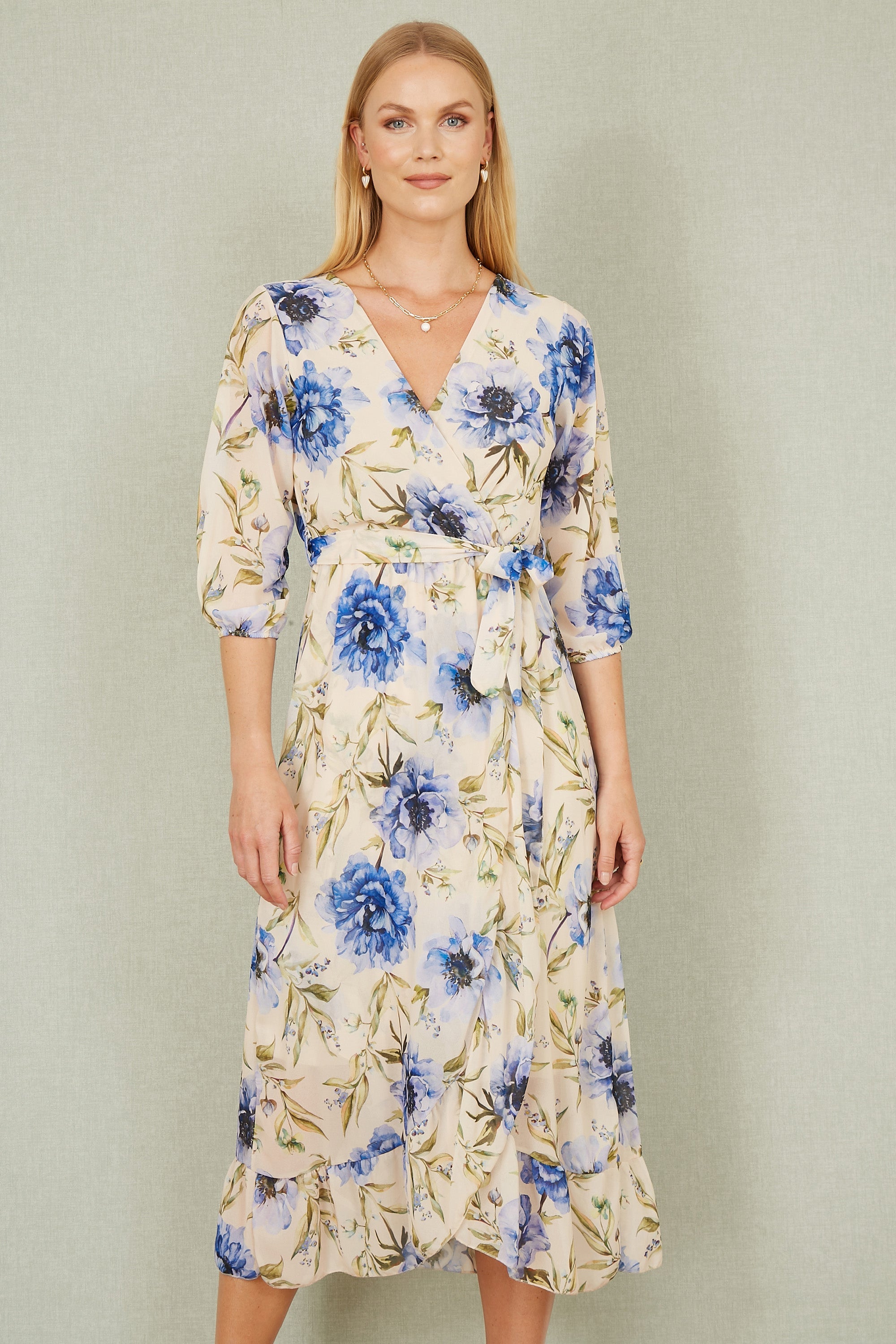 Yumi Cream Vintage Floral Wrap Midi Dress with Frill