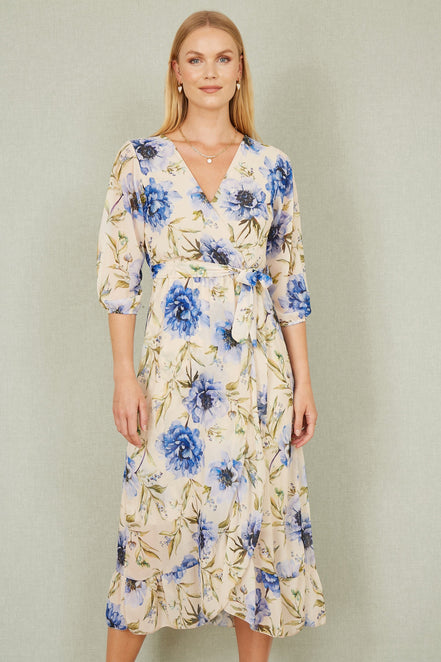 Yumi Cream Vintage Floral Wrap Midi Dress with Frill