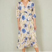 Yumi Cream Vintage Floral Wrap Midi Dress with Frill