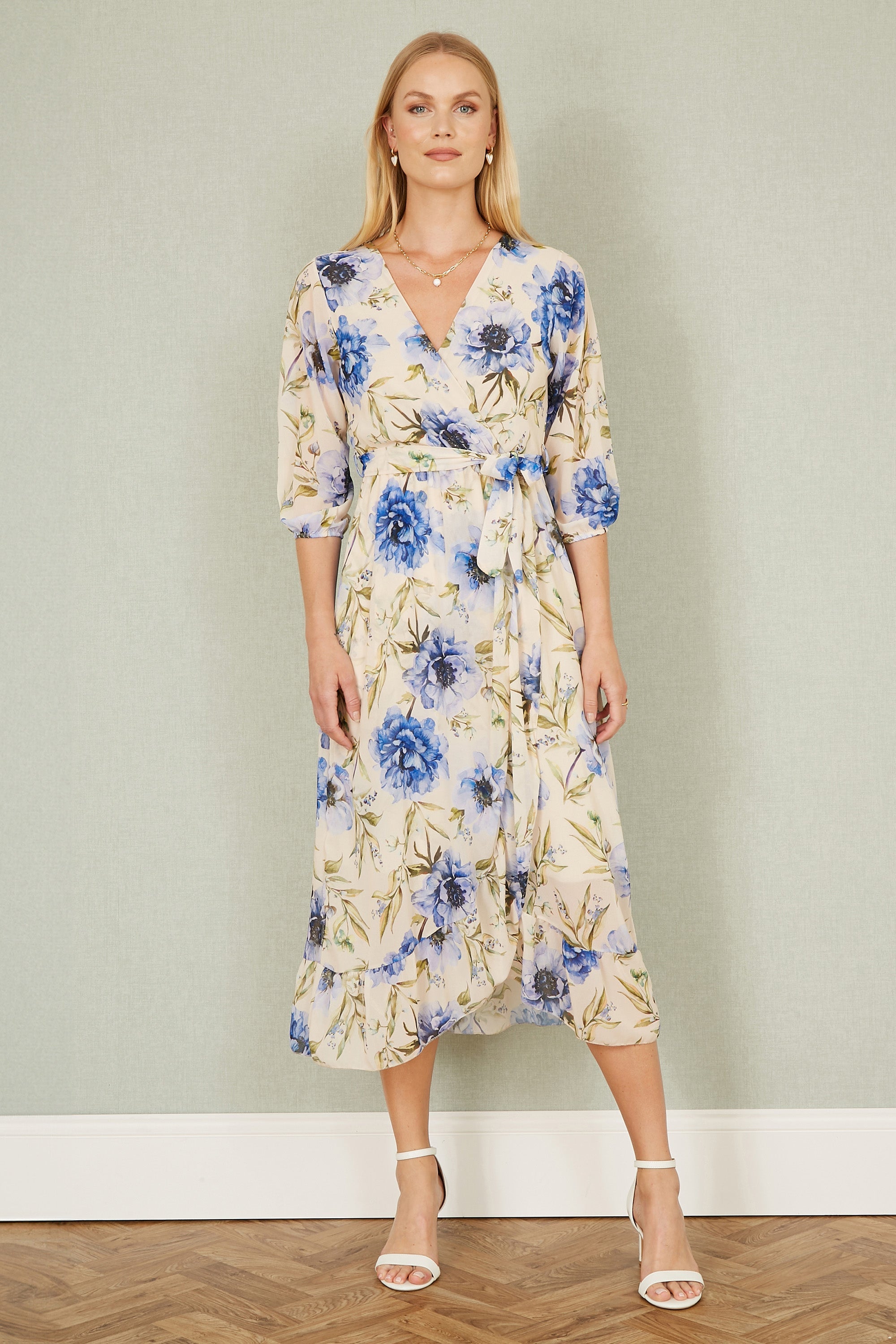 Yumi Cream Vintage Floral Wrap Midi Dress with Frill