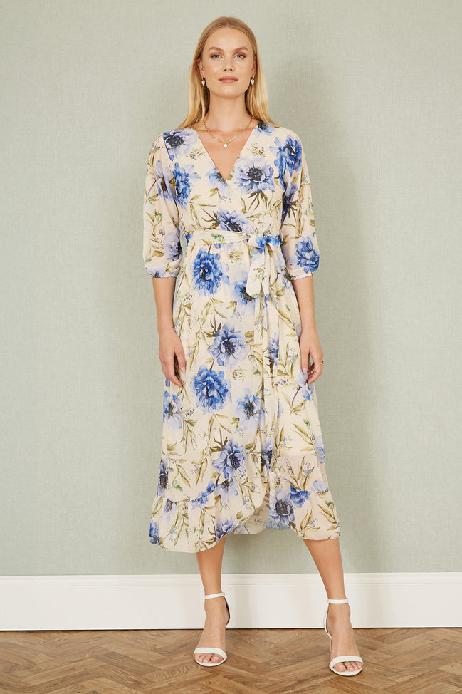 Yumi Cream Vintage Floral Wrap Midi Dress with Frill