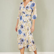 Yumi Cream Vintage Floral Wrap Midi Dress with Frill