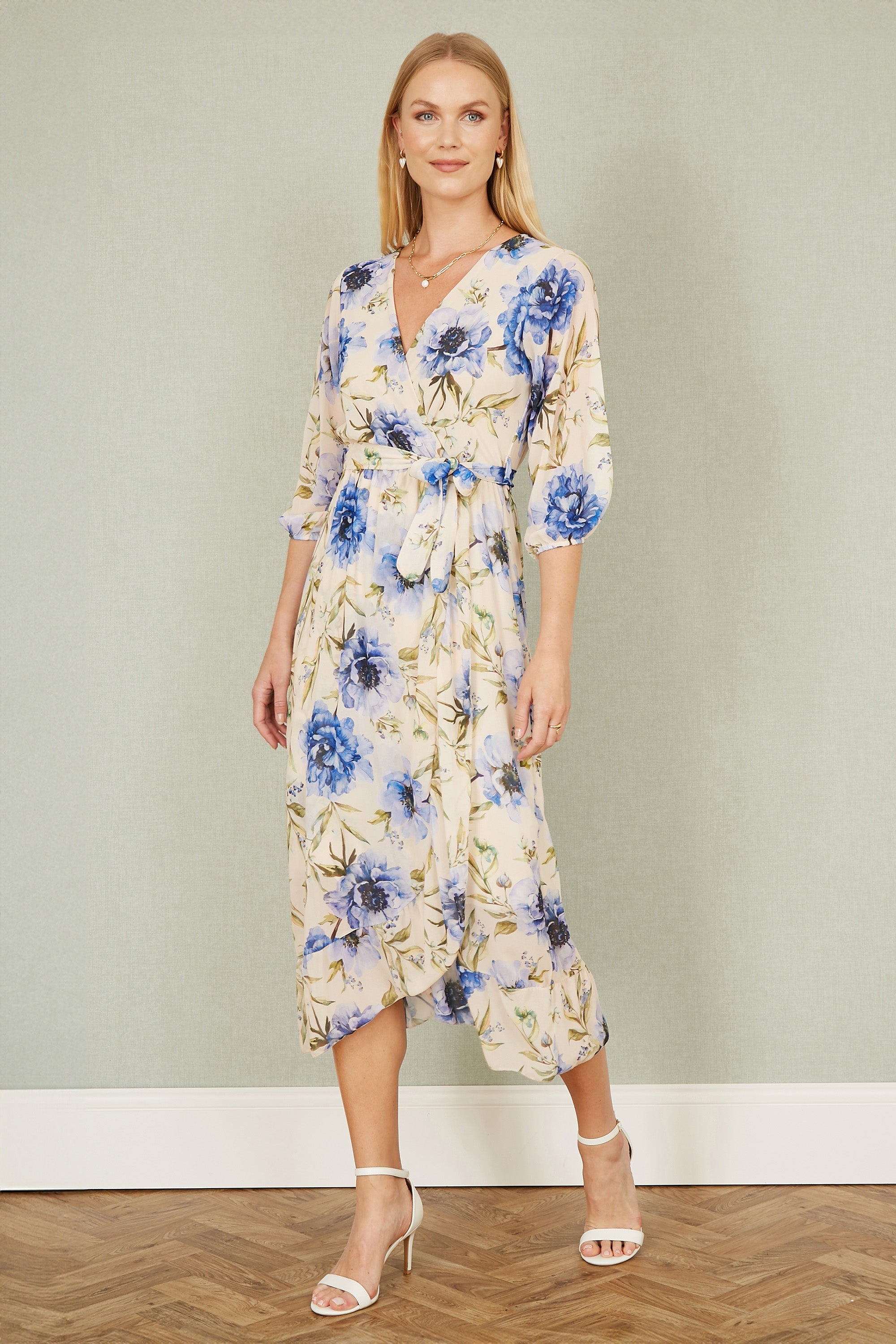 Yumi Cream Vintage Floral Wrap Midi Dress with Frill