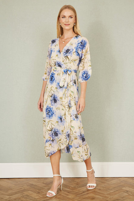 Yumi Cream Vintage Floral Wrap Midi Dress with Frill
