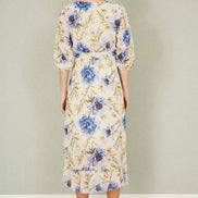 Yumi Cream Vintage Floral Wrap Midi Dress with Frill