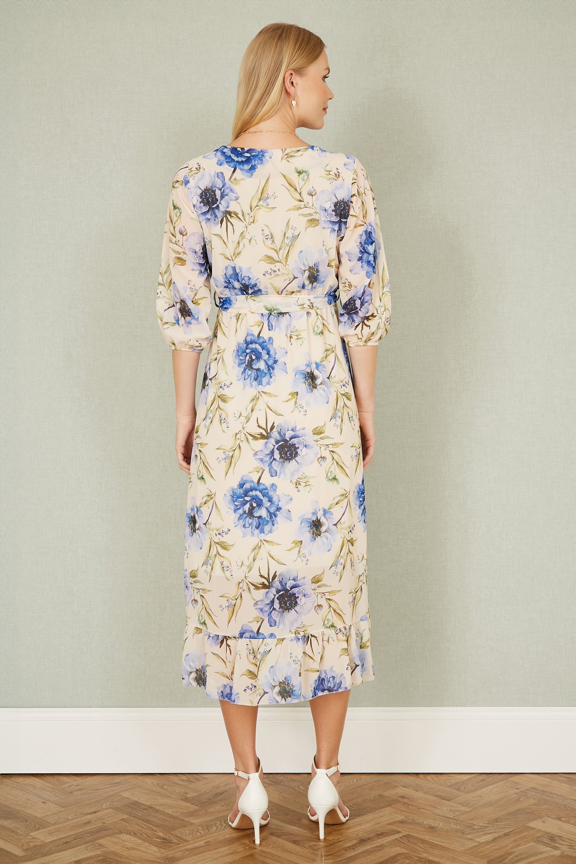 Yumi Cream Vintage Floral Wrap Midi Dress with Frill