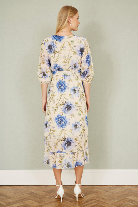 Yumi Cream Vintage Floral Wrap Midi Dress with Frill