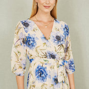 Yumi Cream Vintage Floral Wrap Midi Dress with Frill