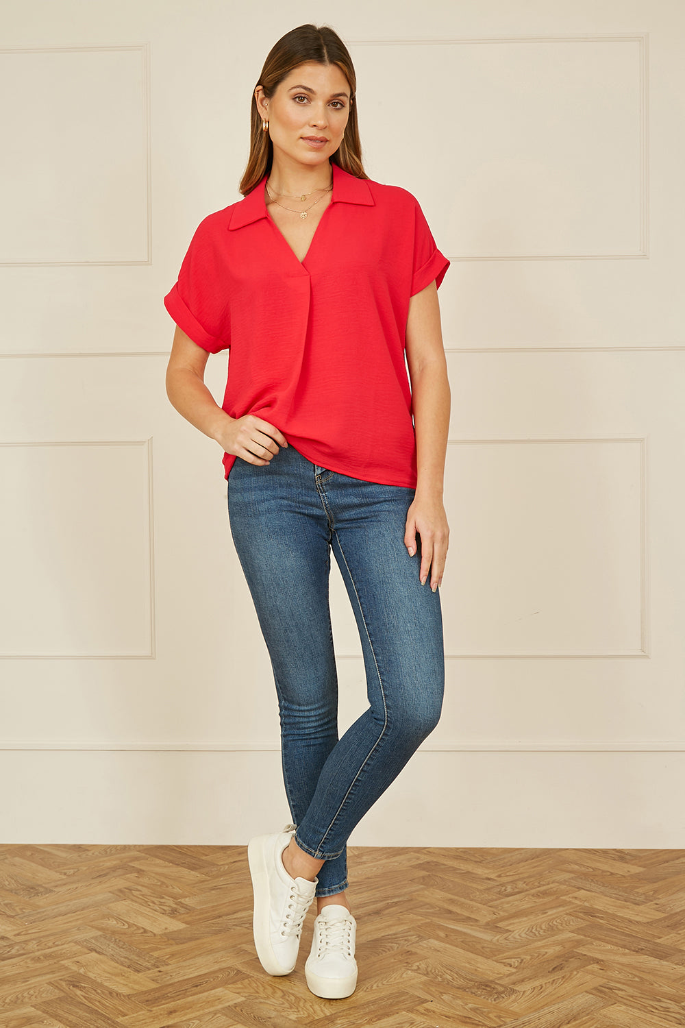Yumi Red Stretch Relaxed Top with Collar