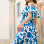 Yumi Blue Floral Print Bardot Midi Dress with Dip Hem