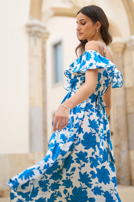 Yumi Blue Floral Print Bardot Midi Dress with Dip Hem