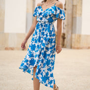 Yumi Blue Floral Print Bardot Midi Dress with Dip Hem