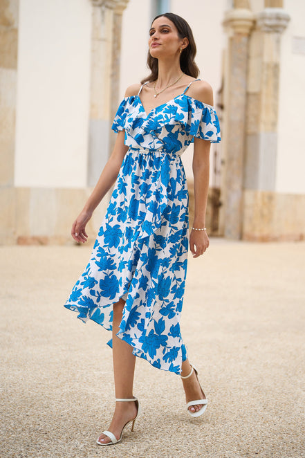 Yumi Blue Floral Print Bardot Midi Dress with Dip Hem