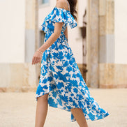 Yumi Blue Floral Print Bardot Midi Dress with Dip Hem