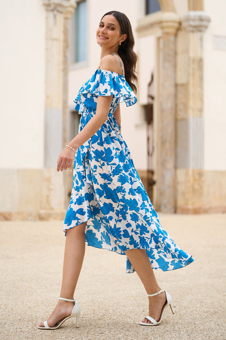 Yumi Blue Floral Print Bardot Midi Dress with Dip Hem