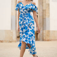 Yumi Blue Floral Print Bardot Midi Dress with Dip Hem