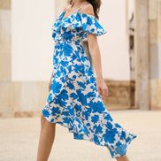 Yumi Blue Floral Print Bardot Midi Dress with Dip Hem