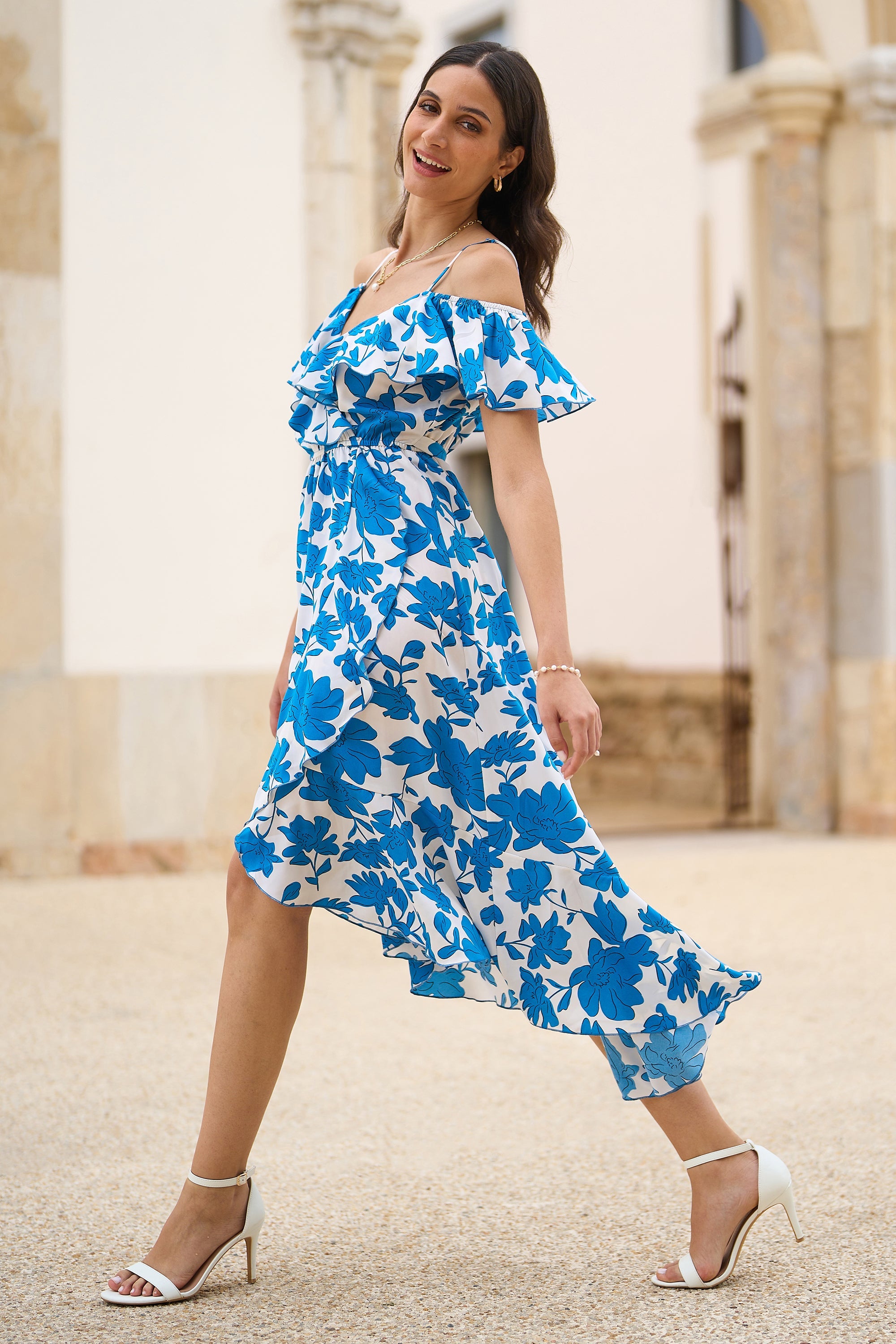 Yumi Blue Floral Print Bardot Midi Dress with Dip Hem