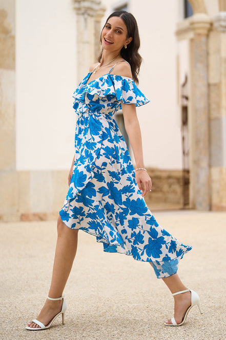 Yumi Blue Floral Print Bardot Midi Dress with Dip Hem