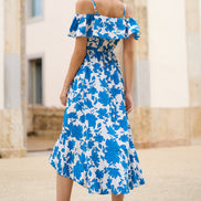 Yumi Blue Floral Print Bardot Midi Dress with Dip Hem