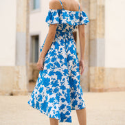 Yumi Blue Floral Print Bardot Midi Dress with Dip Hem