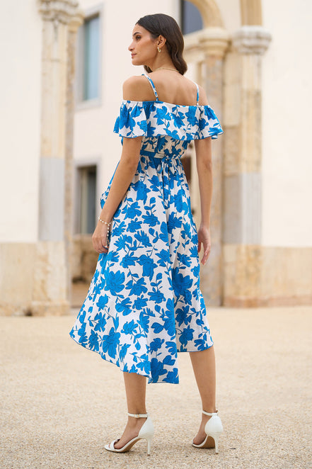 Yumi Blue Floral Print Bardot Midi Dress with Dip Hem