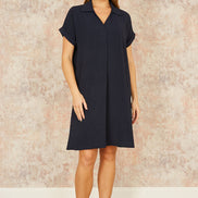 Yumi Navy Relaxed Fit Collared Tunic Dress