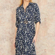 Yumi Navy Floral Print Pleated Skater Dress with Buckle