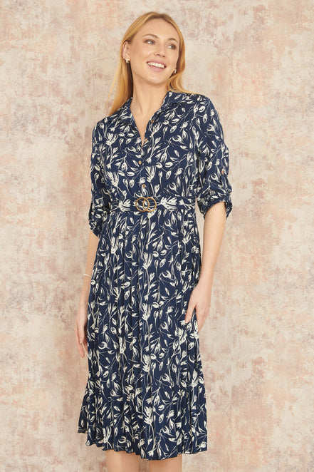 Yumi Navy Floral Print Pleated Skater Dress with Buckle