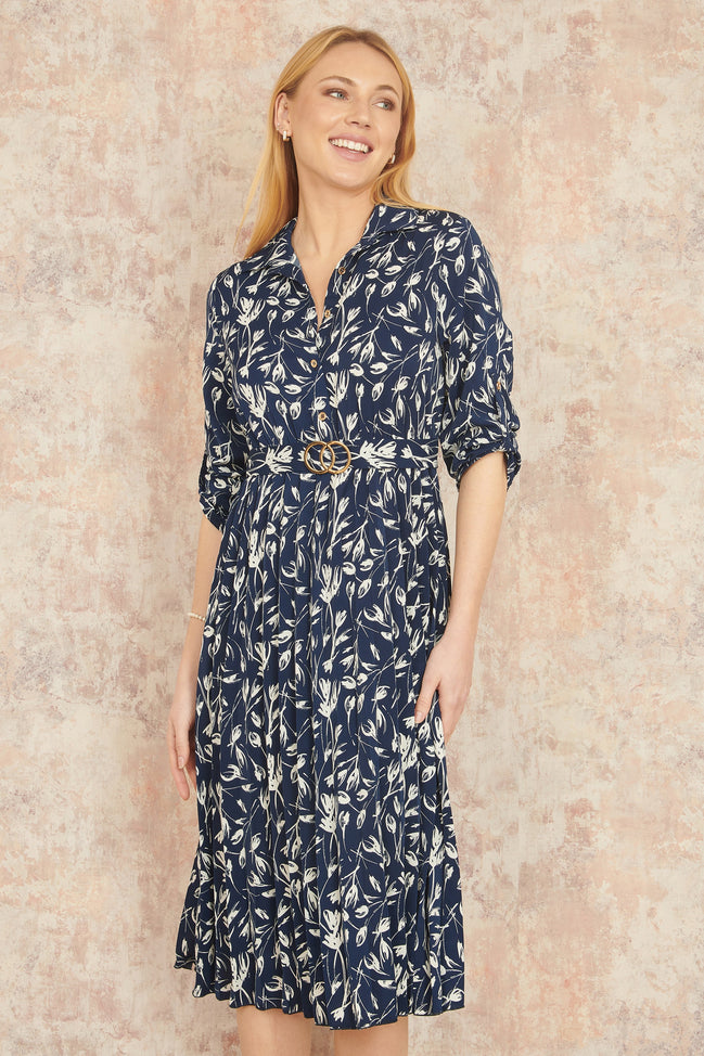 Yumi Navy Floral Print Pleated Skater Dress with Buckle