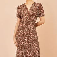 Yumi Brown Spot Midi Dress With Split Hemline