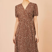 Yumi Brown Spot Midi Dress With Split Hemline