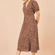 Yumi Brown Spot Midi Dress With Split Hemline