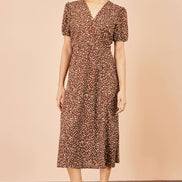 Yumi Brown Spot Midi Dress With Split Hemline
