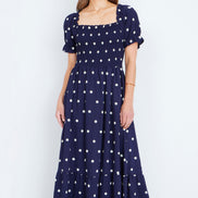 Yumi Navy Border Hemline Smocked Maxi Dress