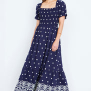 Yumi Navy Border Hemline Smocked Maxi Dress