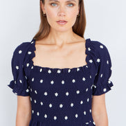 Yumi Navy Border Hemline Smocked Maxi Dress
