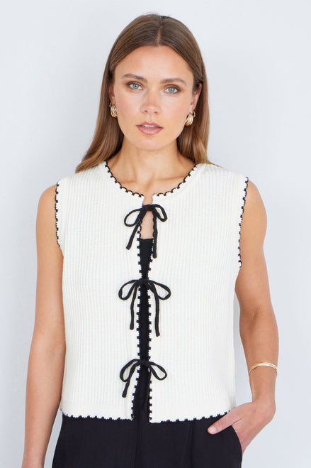 Yumi Ivory Knitted Waistcoat with Bow Trims